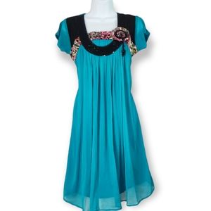 Asombrosso teal blue shift dress pink leopard band & beaded flower Womens Large